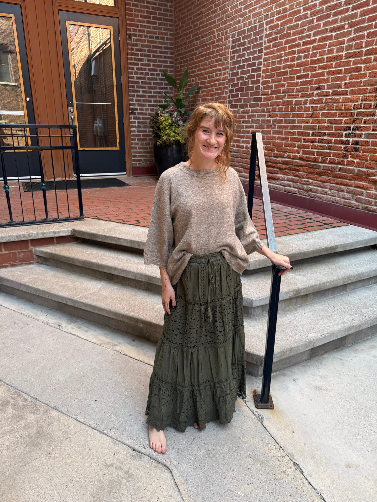 Afton Elastic Waist Maxi Skirt with Lace Trim in Olive