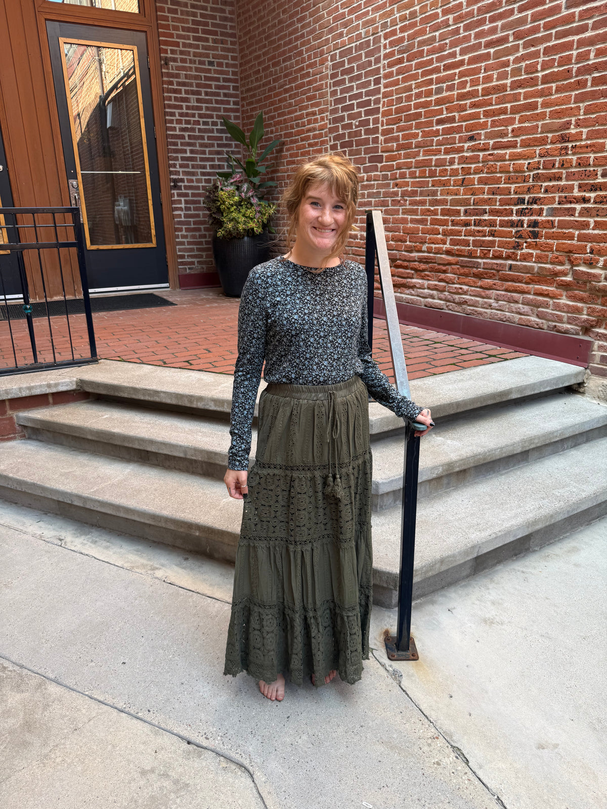 Afton Elastic Waist Maxi Skirt with Lace Trim in Olive