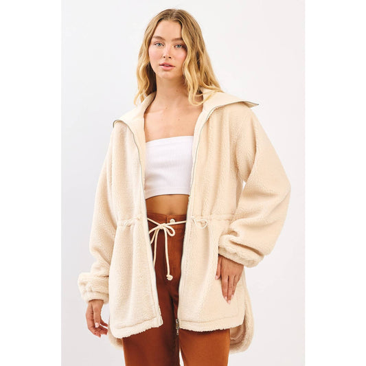 Madigan Sherpa Fleece Cinched Two Way Zipper in Cream