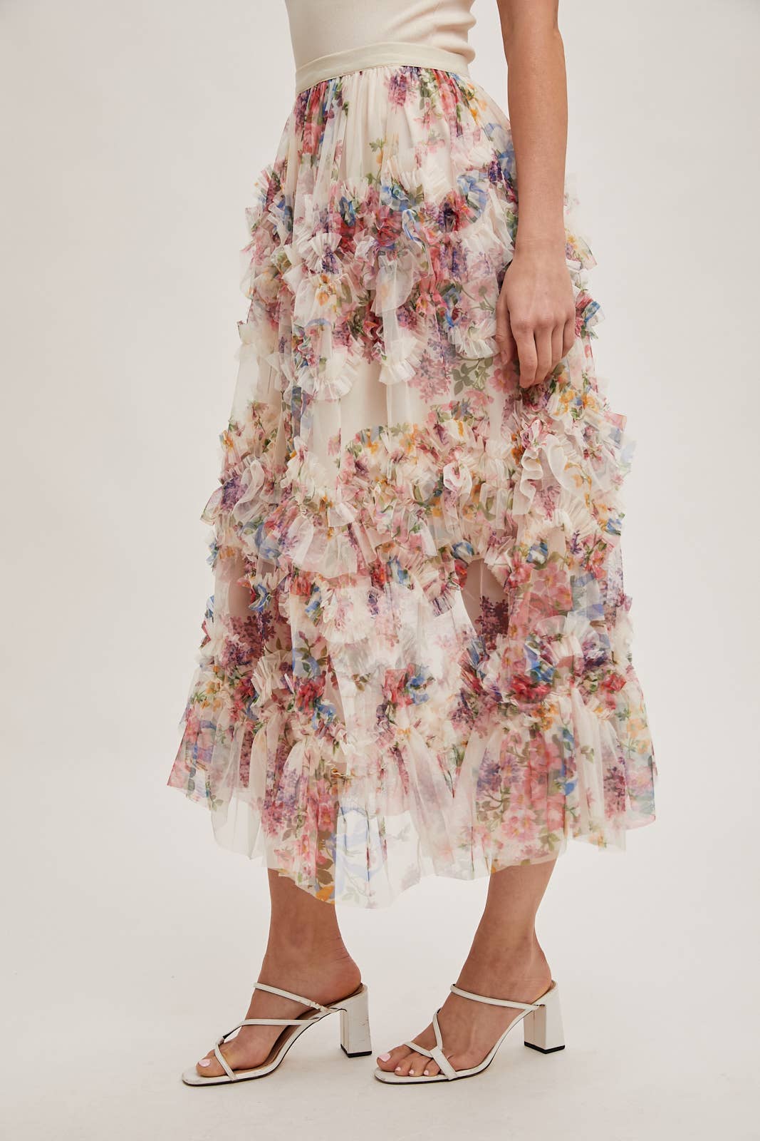 Joni Floral Ruffled Mesh Skirt in Ecru