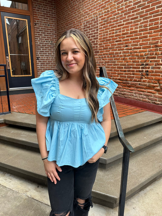 Everly Fluttered Ruffle Top in Baby Blue