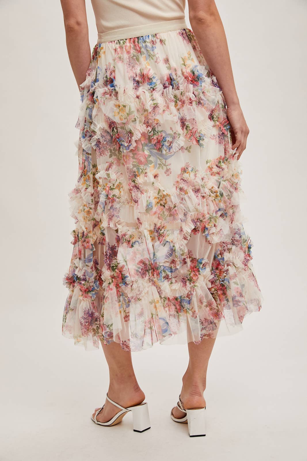Joni Floral Ruffled Mesh Skirt in Ecru