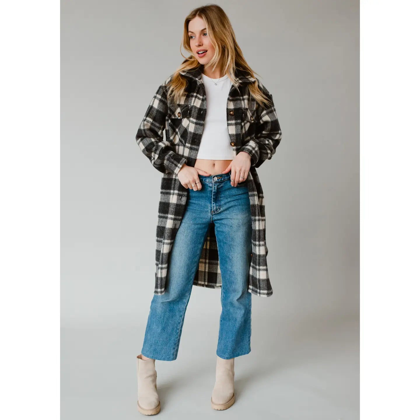 Rhiannon Black & Cream Plaid Long Flannel