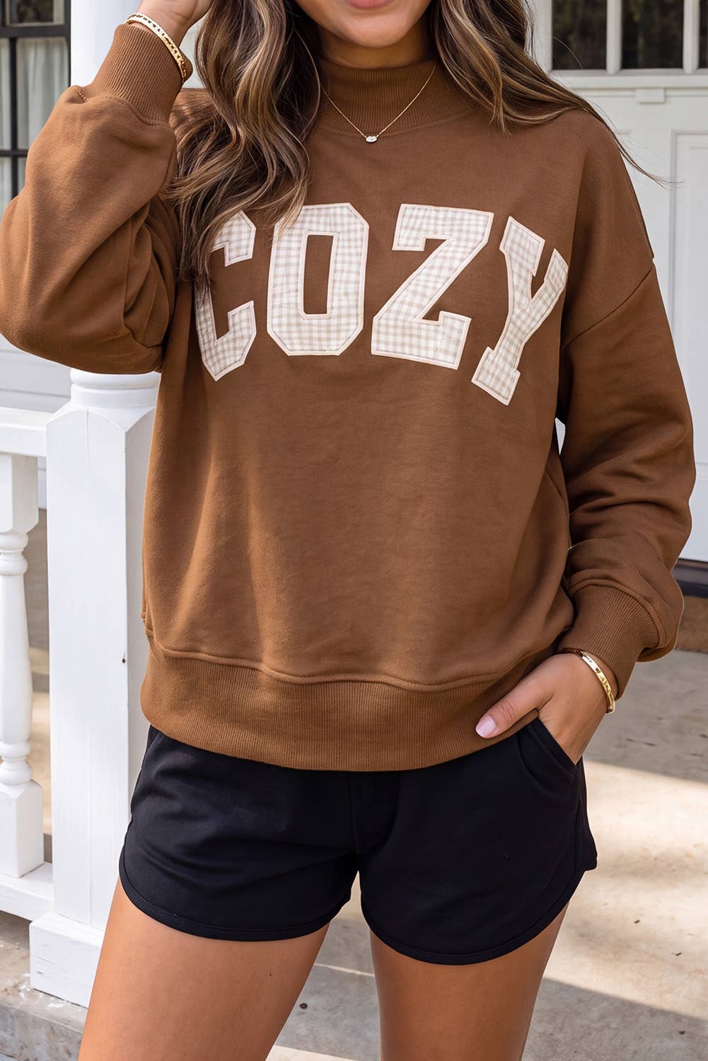Cozy Plaid Letter Patchwork Mock Neck Sweatshirt