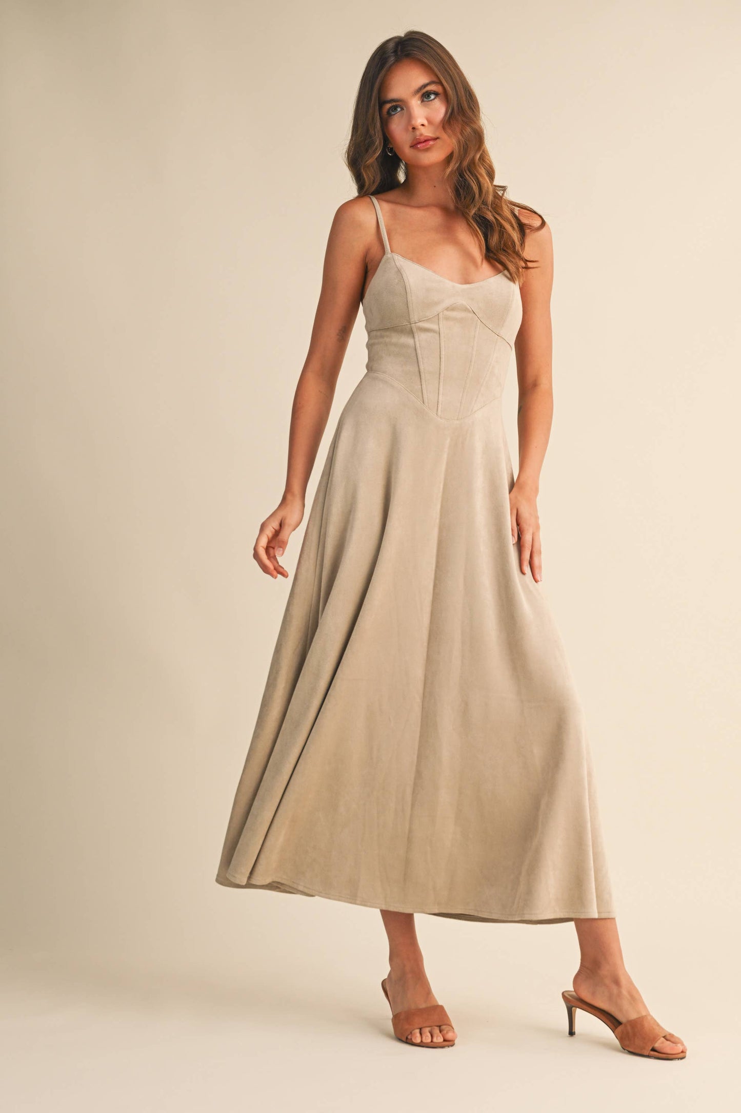 Emma Suede Corset Midi Dress in Camel