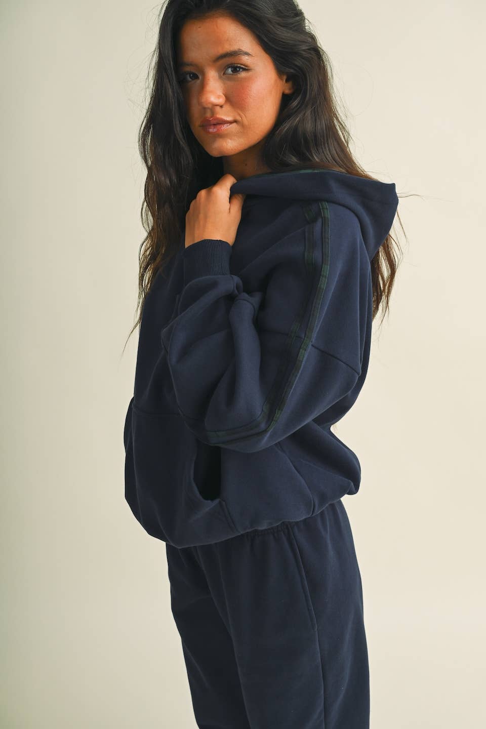 Jessica Plaid Side Stripe Oversized Pullover Hoodie in Navy