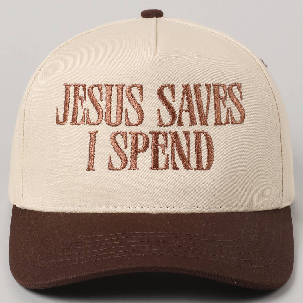 JESUS SAVES I SPEND Trucker Hat in Brown
