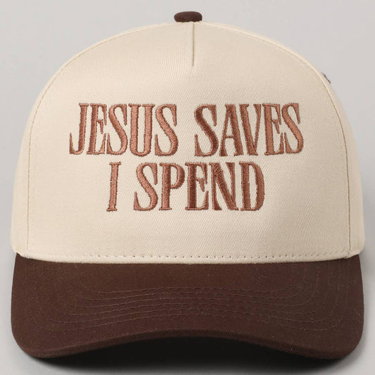 JESUS SAVES I SPEND Trucker Hat in Brown