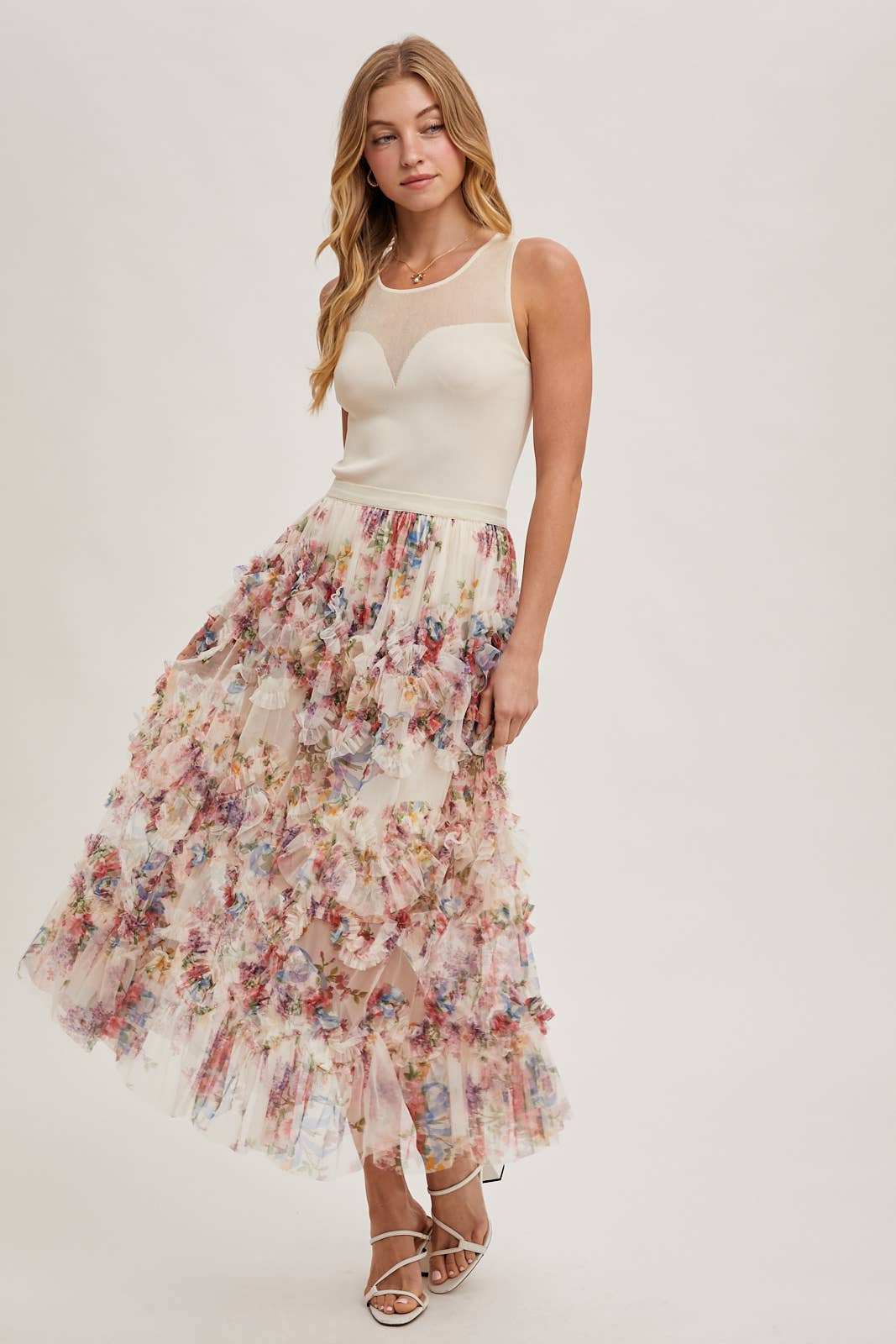 Joni Floral Ruffled Mesh Skirt in Ecru