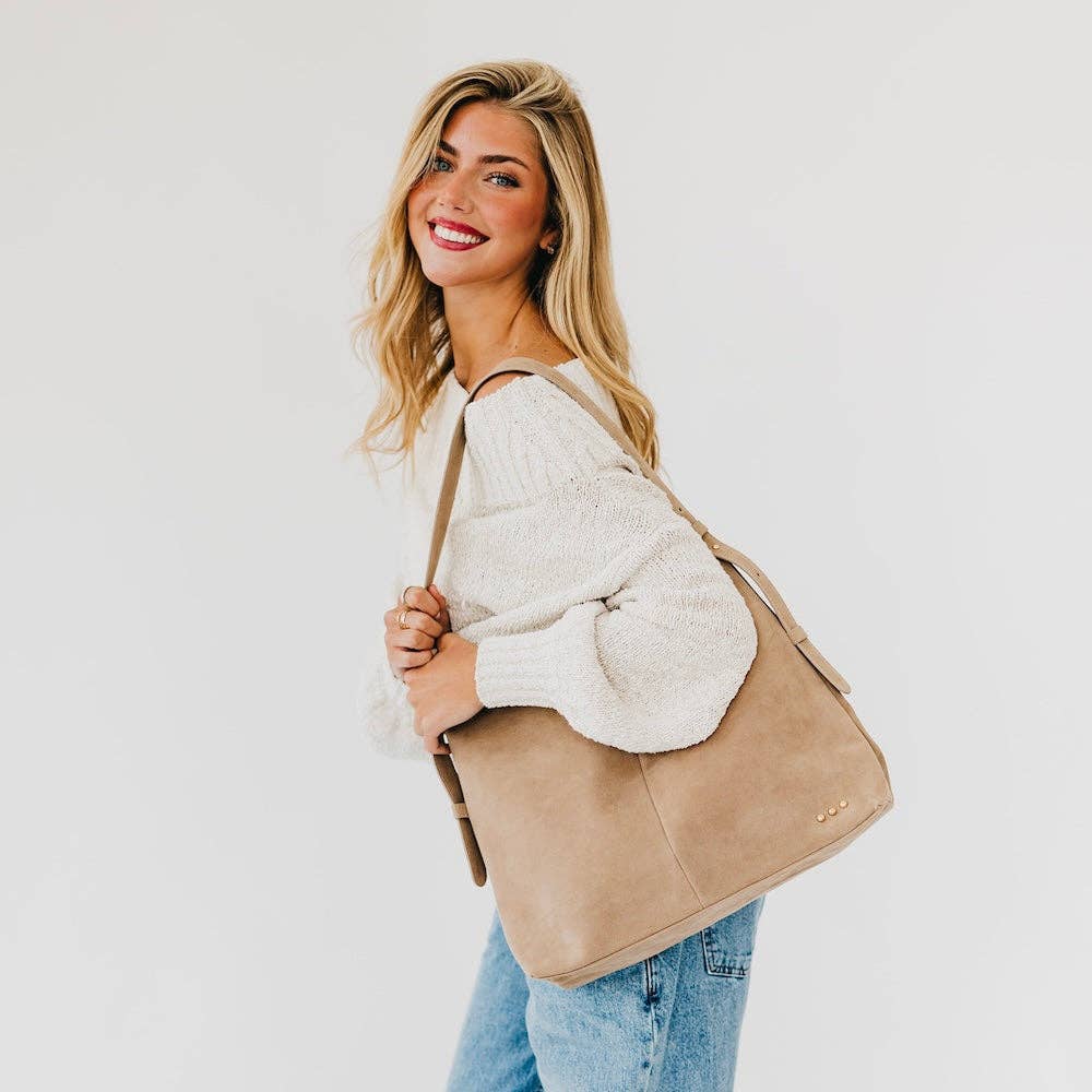 Evie Suede Hobo Shoulder Bag in Taupe