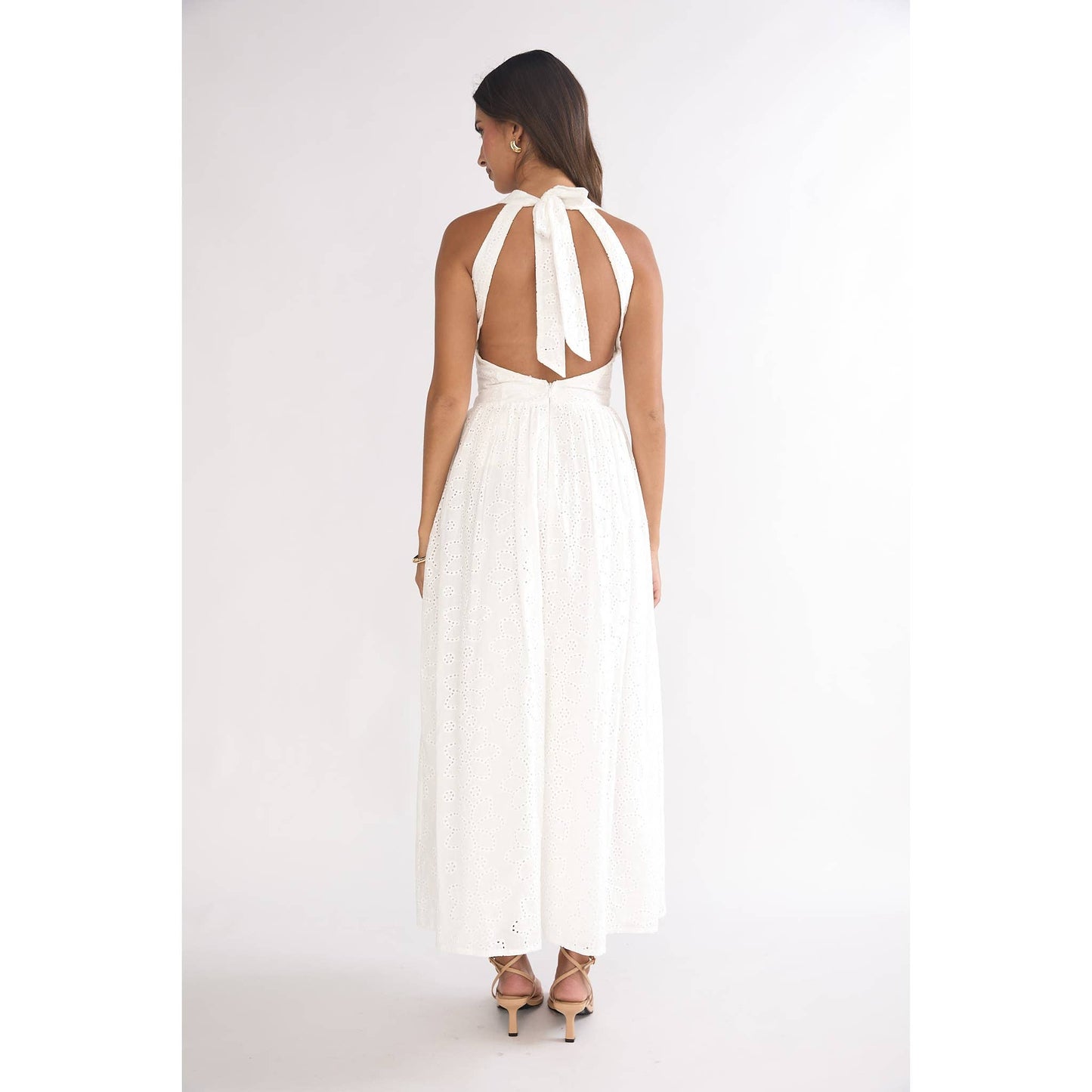 Halee Eyelit Halter Midi Dress in Lemon