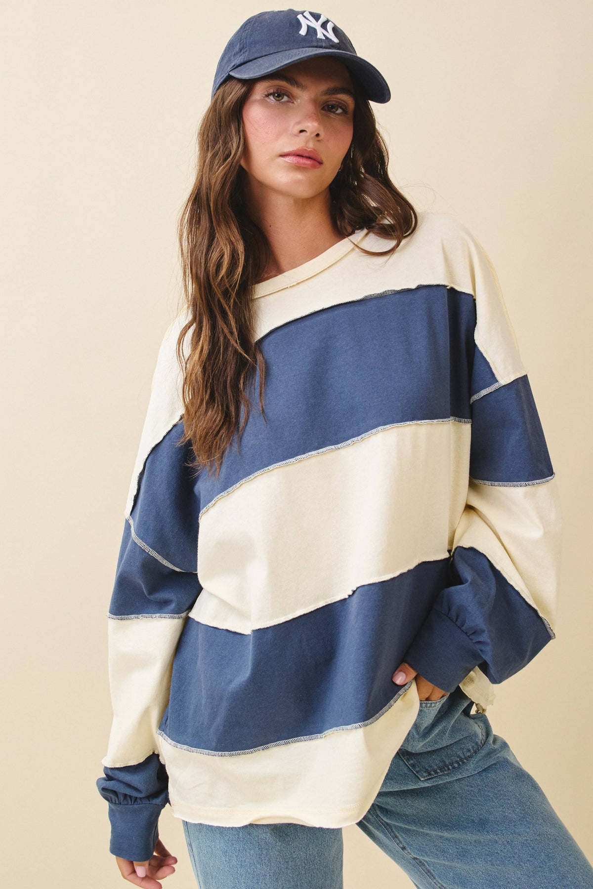 Angela Oversized Color Block Long Sleeve Pullover in Navy