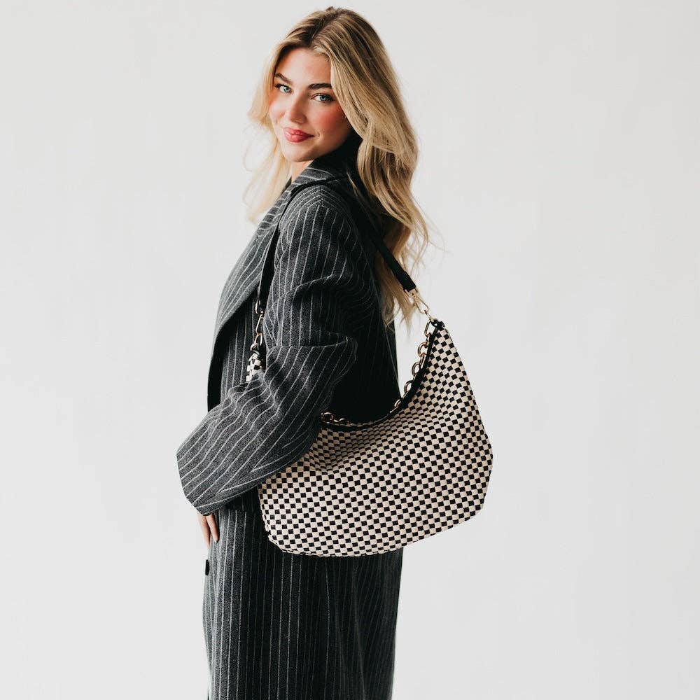 Sienna Slouchy Woven Shoulder Bag in Checkered Tan