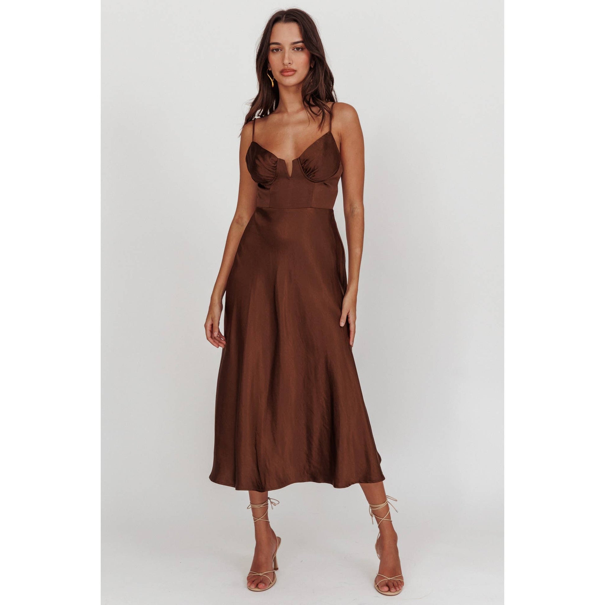 Ariana Sleeveless Satin Maxi Dress in Brown Large Ariana Sleeveless Satin Maxi Dress in Brown Large