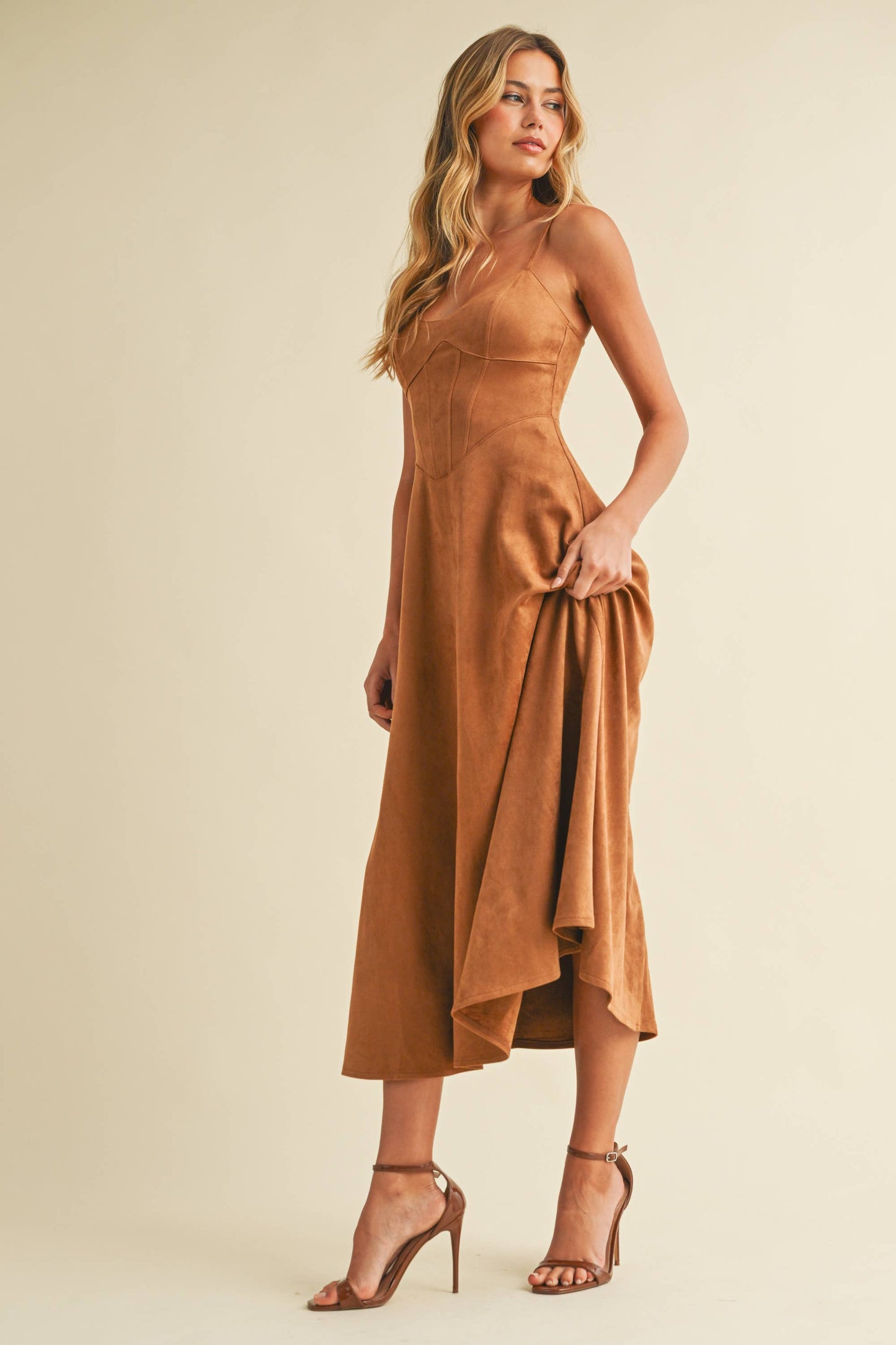 Emma Suede Corset Midi Dress in Camel