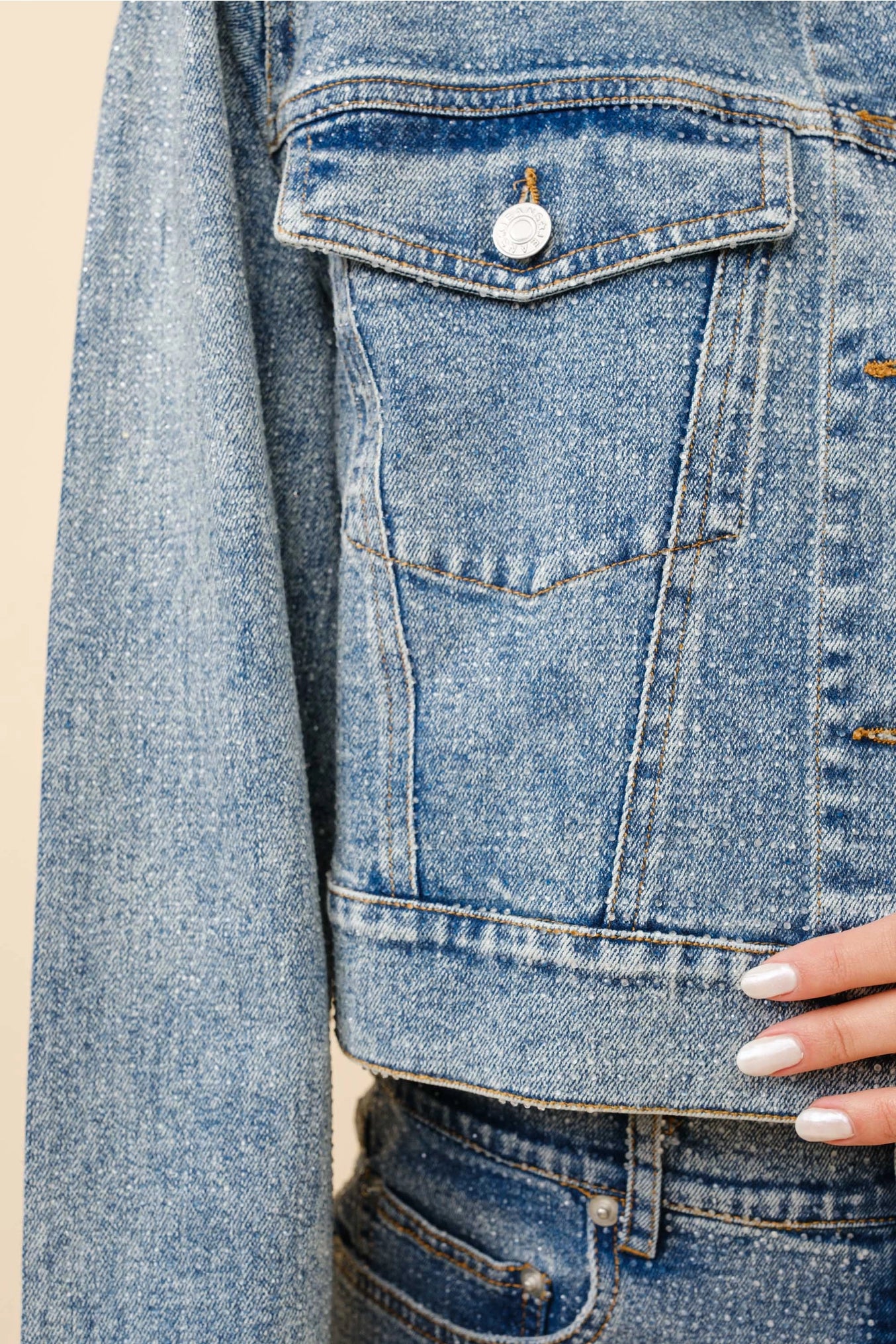 Josee Clear Crystal Crop Trucker Stretch Denim Jacket