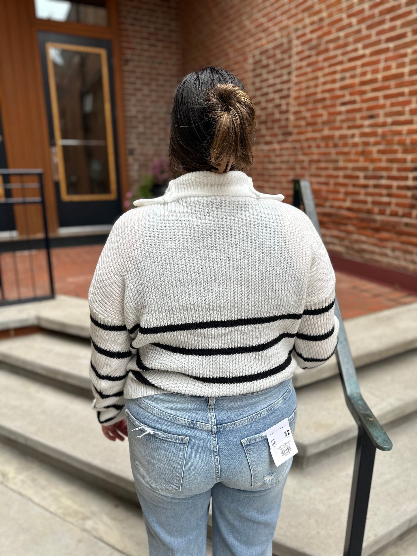 Zoey Striped Half Zip Knit Sweater in White