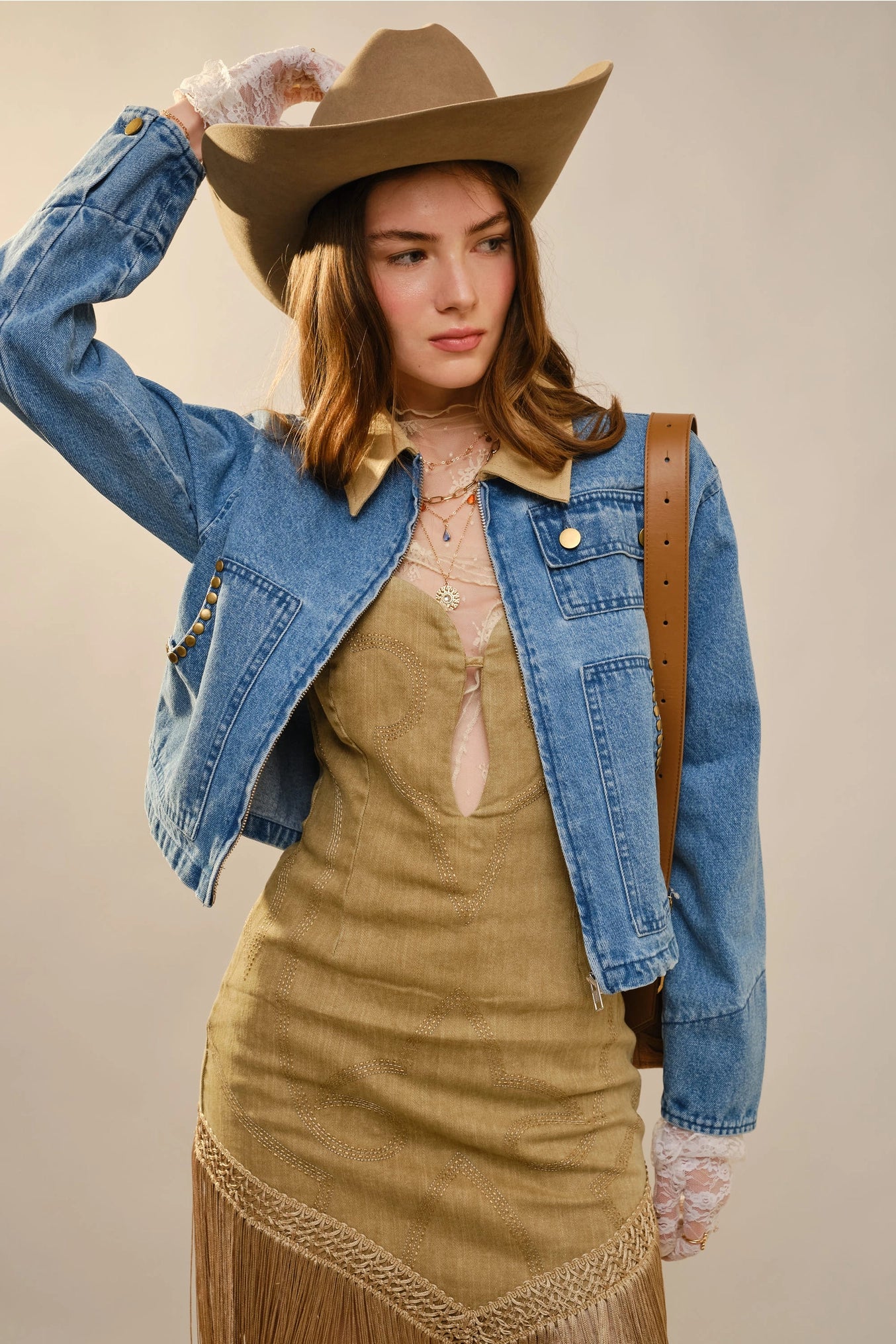 Corinne Stud Trimmed Cropped Denim Jacket