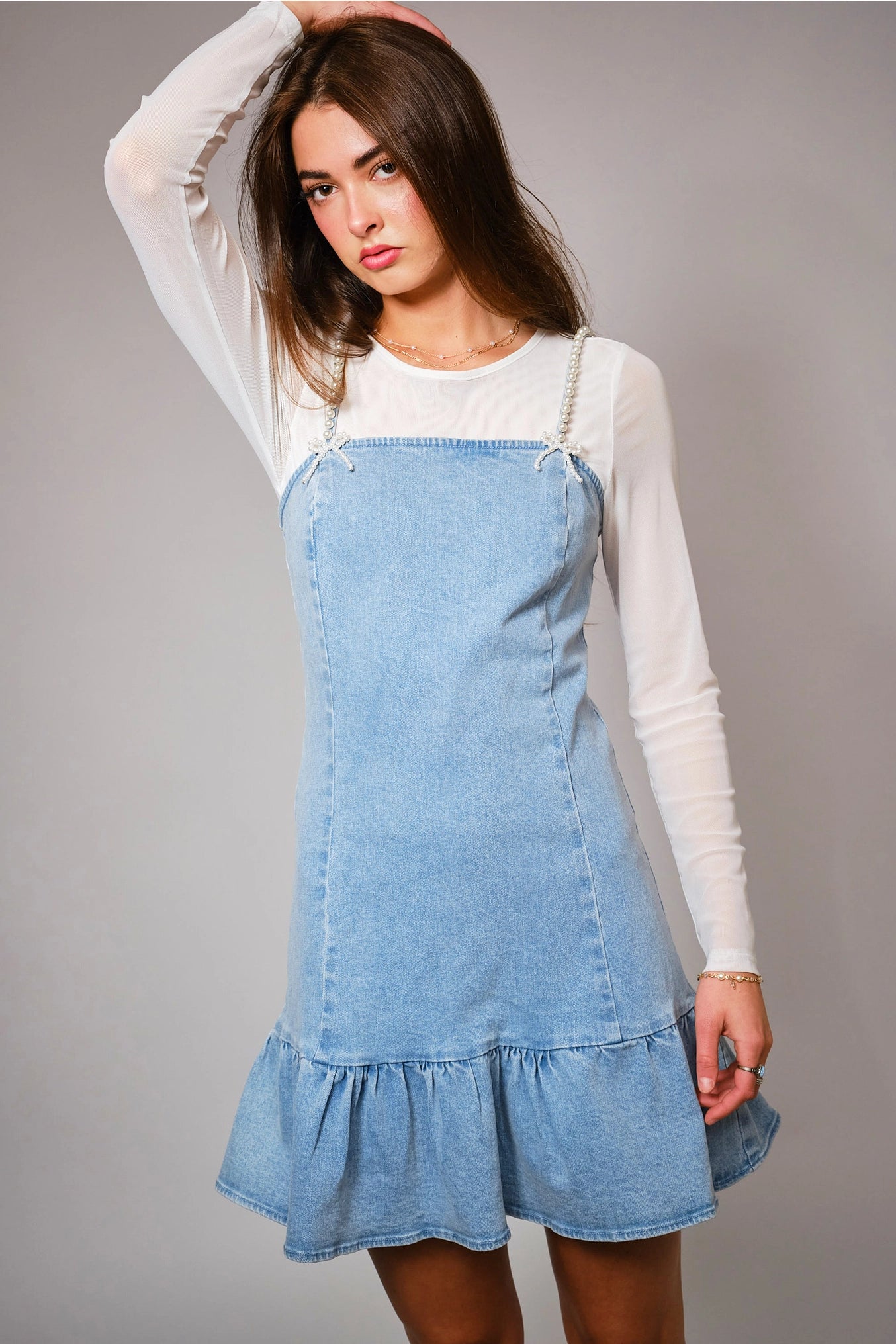 Ally Pearl Strap Stretch Denim Mini Denim Dress