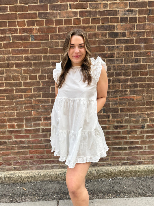Nora White Tiered Dress with Flutter Ruffles