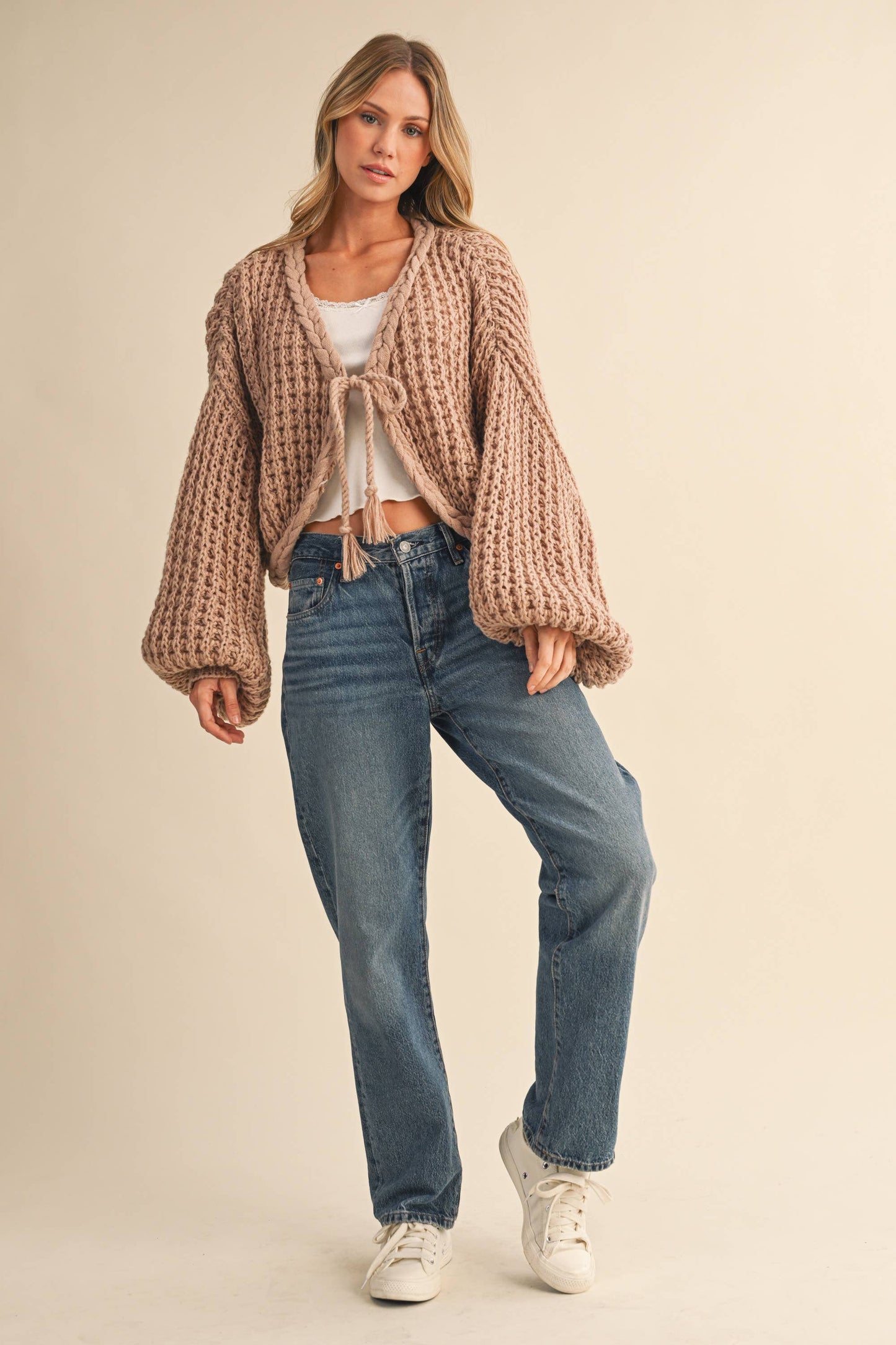 Christina Balloon Sleeve Cardigan in Taupe