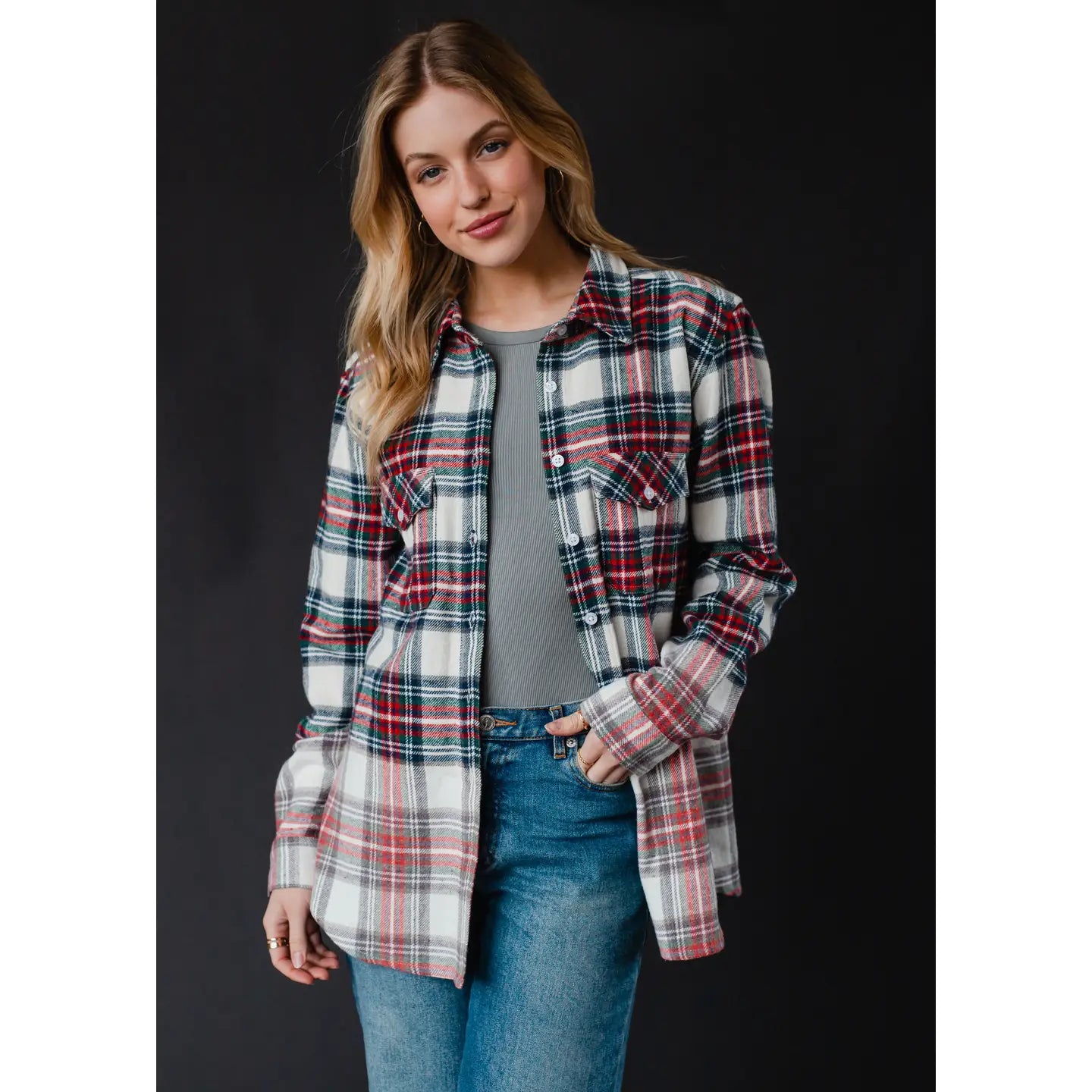 Selena Cream, Navy, Red & Green Plaid Flannel