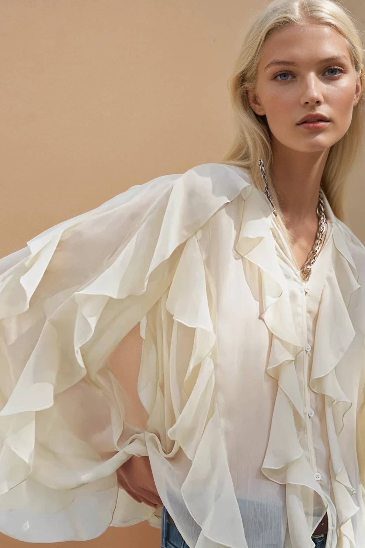 Vicky Sheer Ruffled Detail Button Down Blouse in Beige