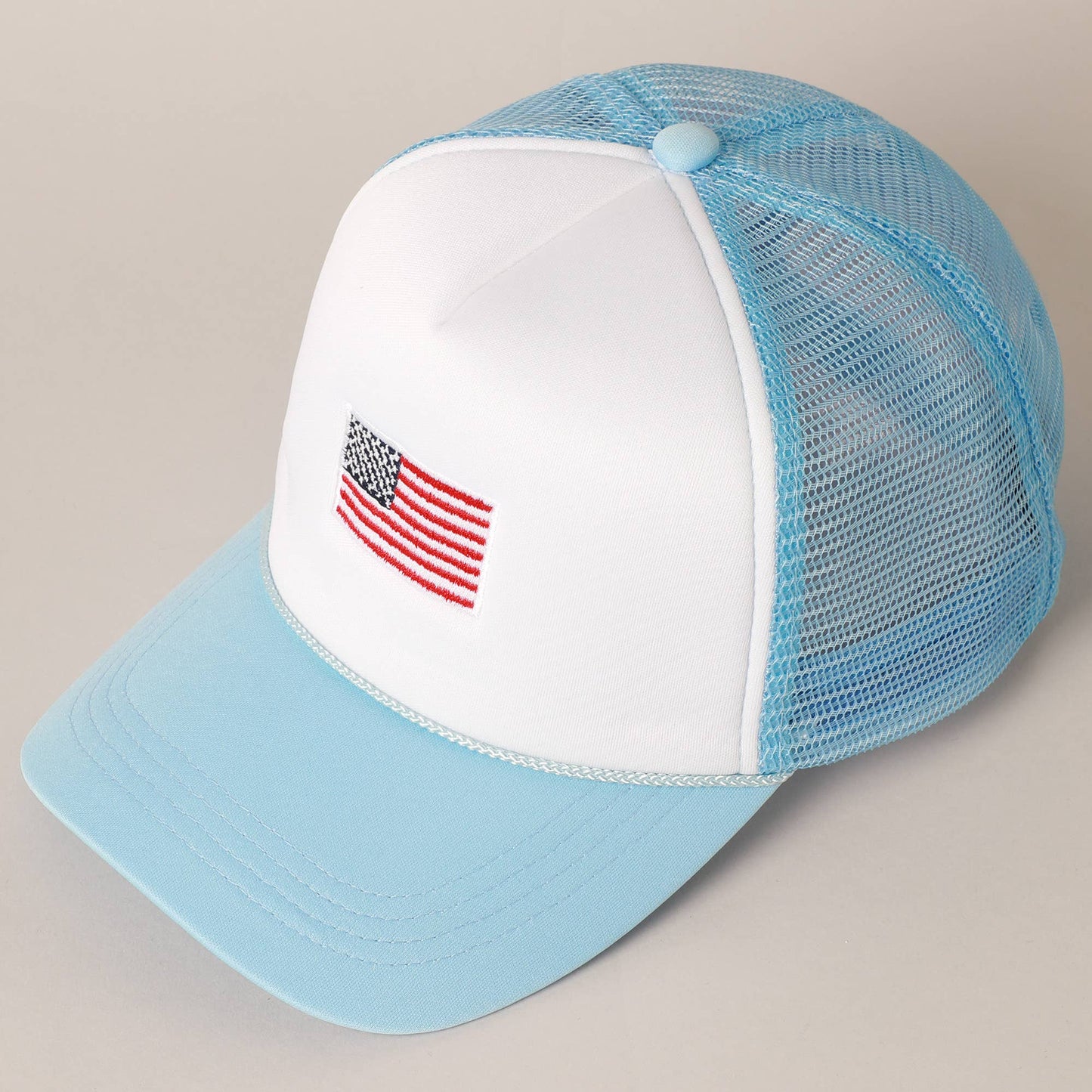 American Flag Trucker Hat in Light Blue