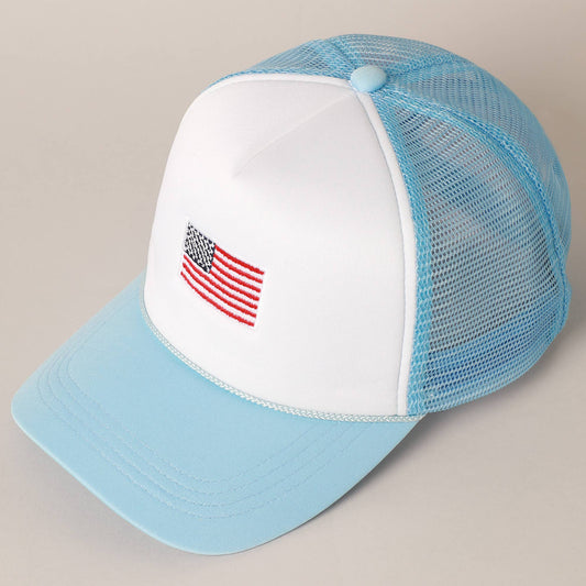 American Flag Trucker Hat in Light Blue