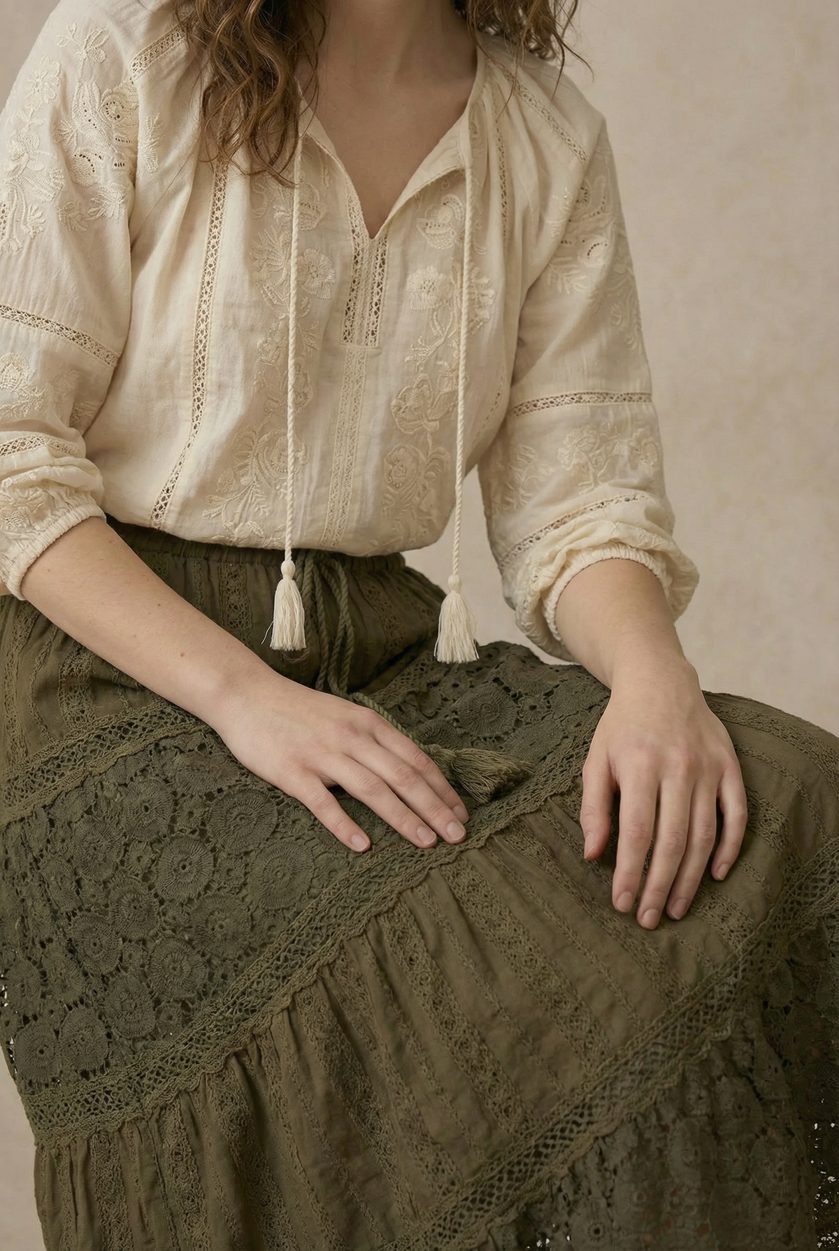 Afton Elastic Waist Maxi Skirt with Lace Trim in Olive