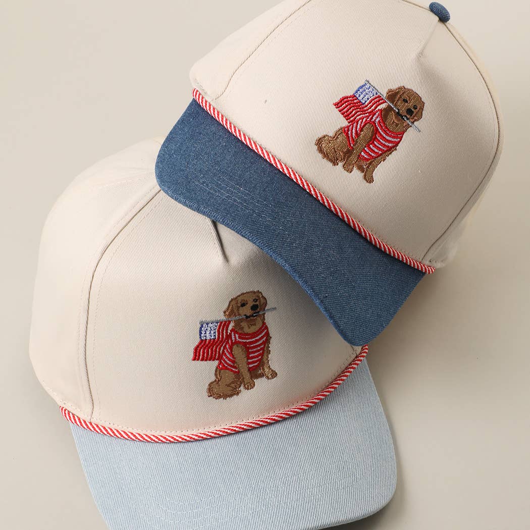 Golden Retriever Holding USA Flag Denim Brim Trucker Hat in Light Denim