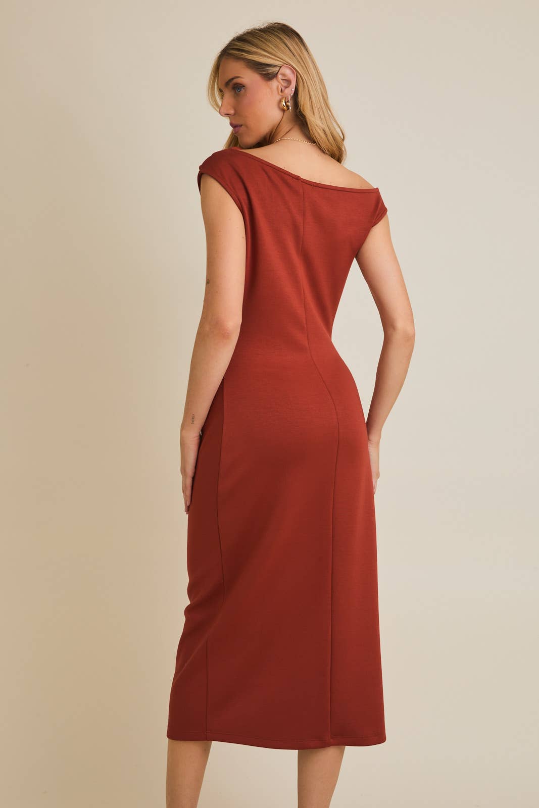 Lauren One Shoulder Midi Dress in Rust