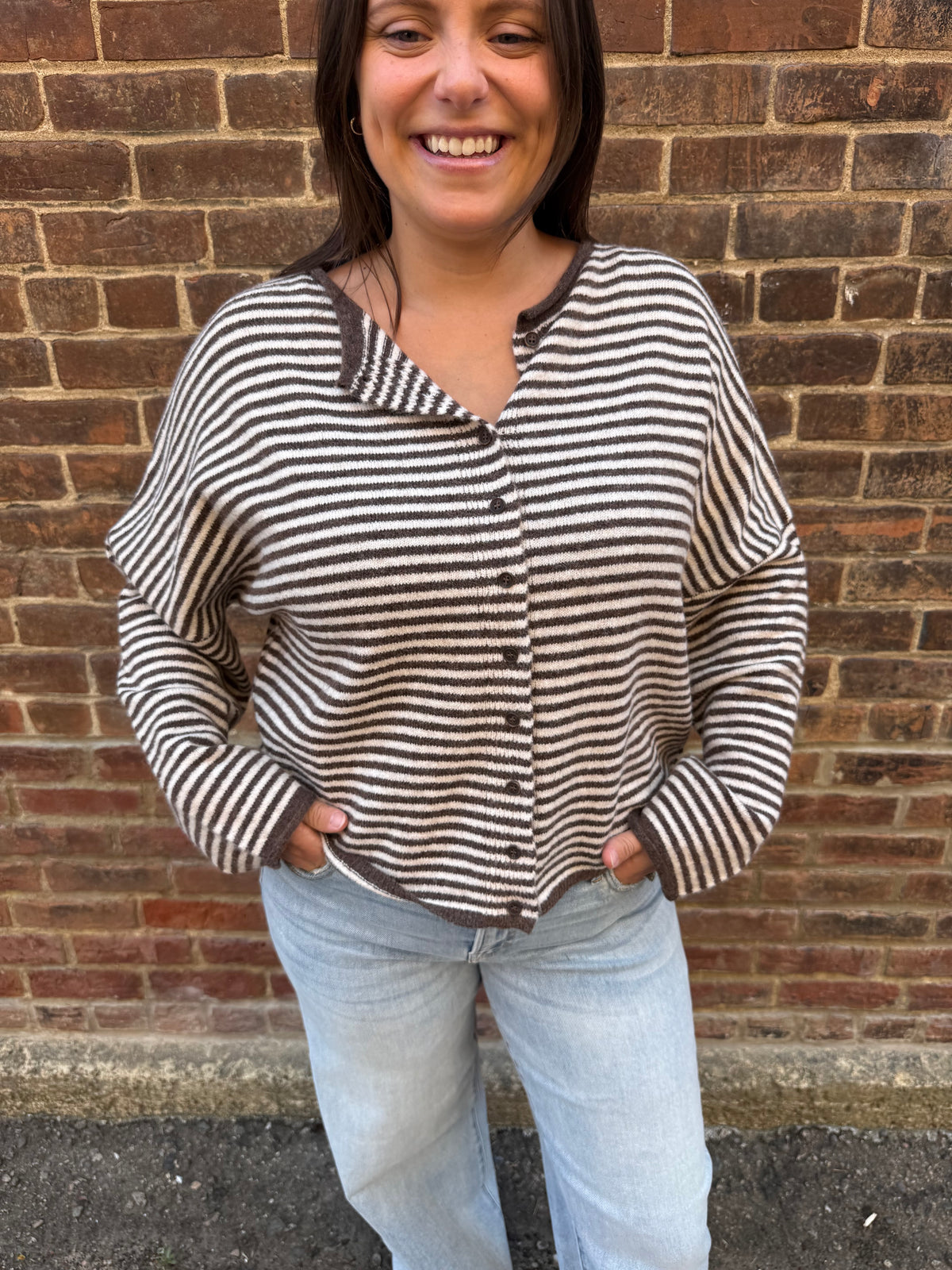 Lucille Stripe Raw Edge Drop Shoulder Knit Cardigan in Dark Brown