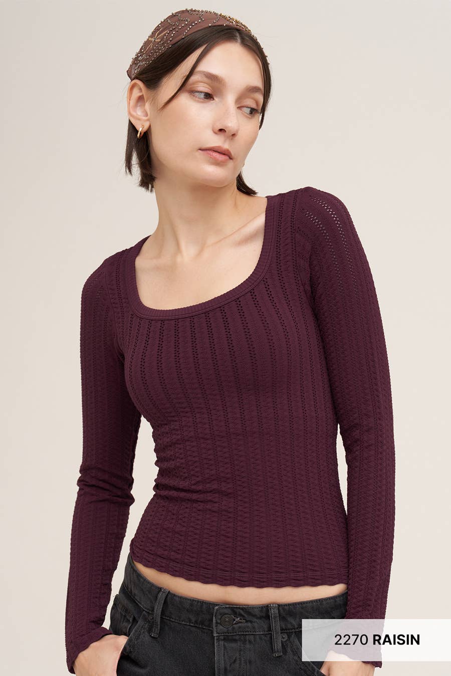Pointelle Stripe Scoop Neck Long Sleeve in Rasin