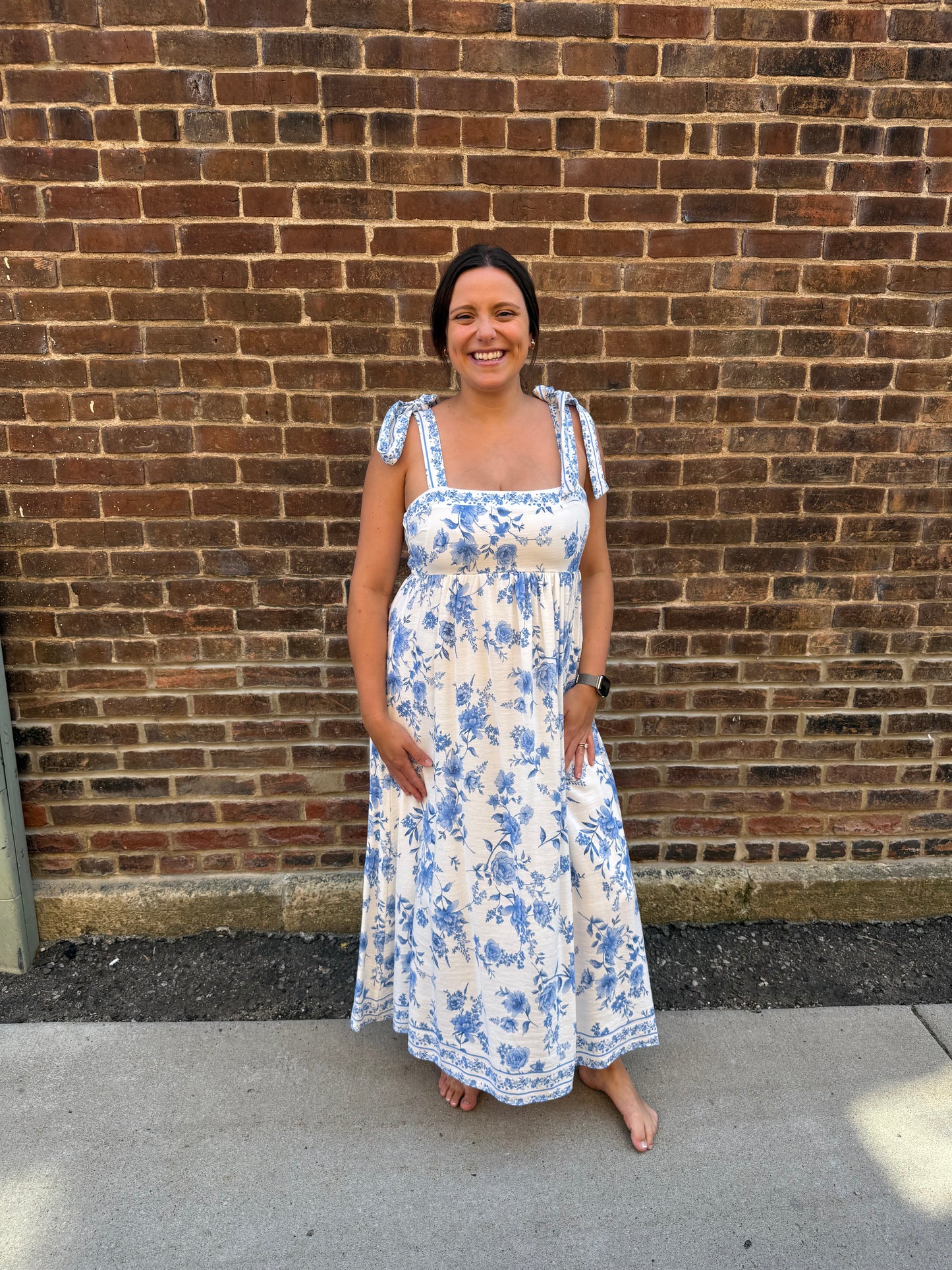 Kori Floral Border Empire Waist Tie Strap Midi Dress in Light Blue
