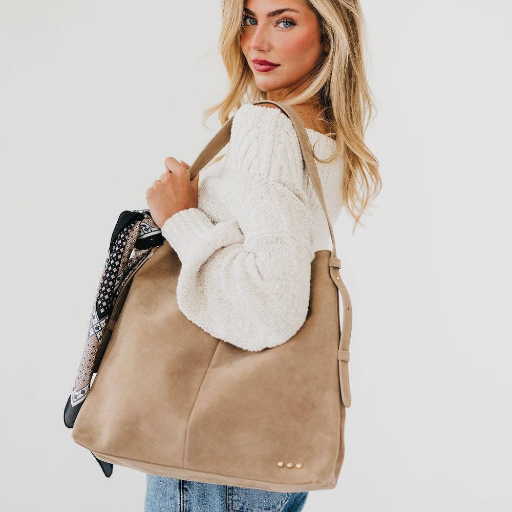 Evie Suede Hobo Shoulder Bag in Taupe