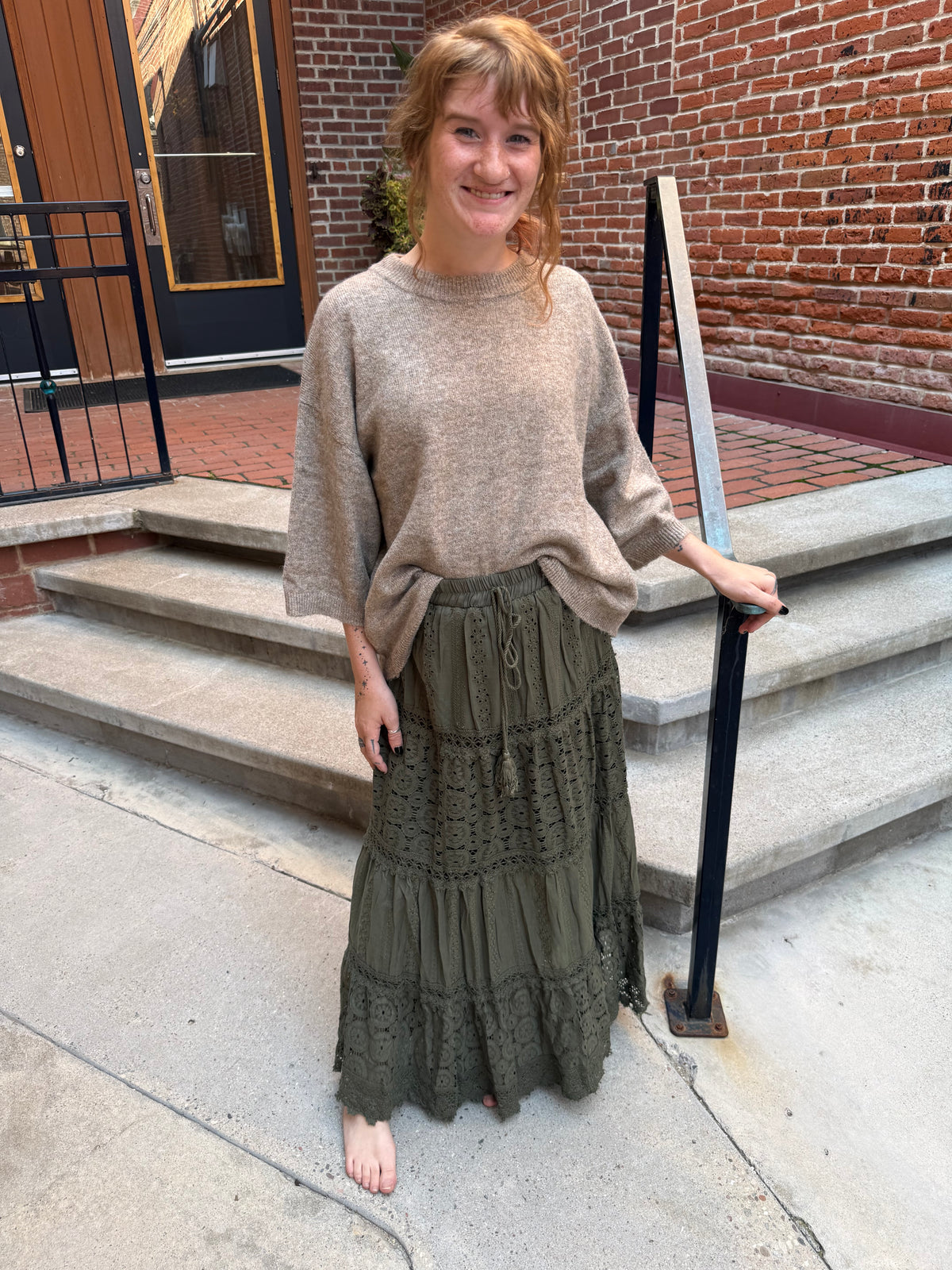 Afton Elastic Waist Maxi Skirt with Lace Trim in Olive