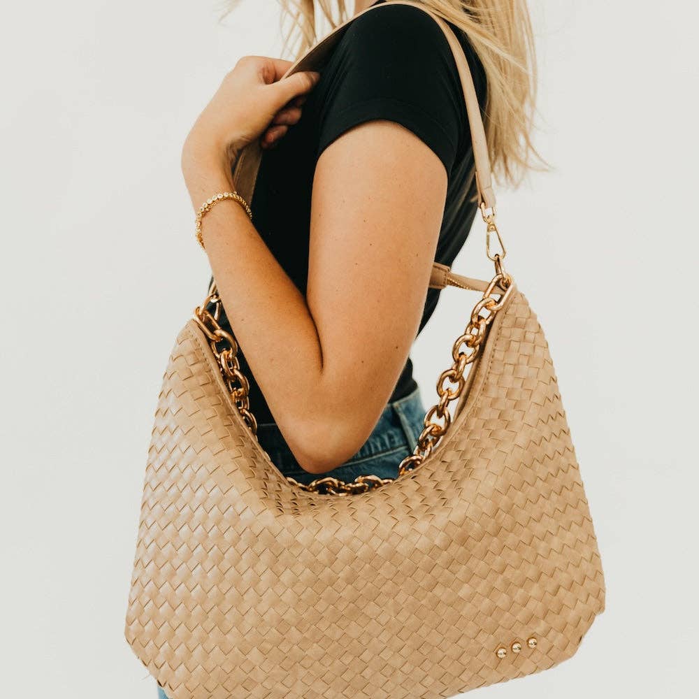 Sienna Slouchy Woven Shoulder Bag in Taupe
