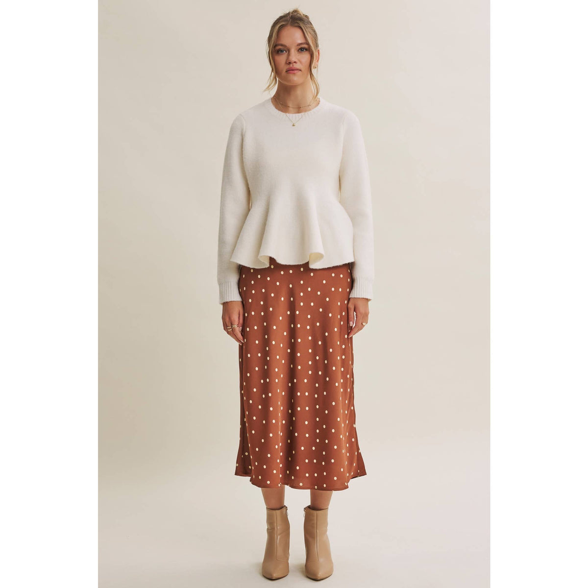 Hailey Satin Polka Dot Skirt in Burnt Orange