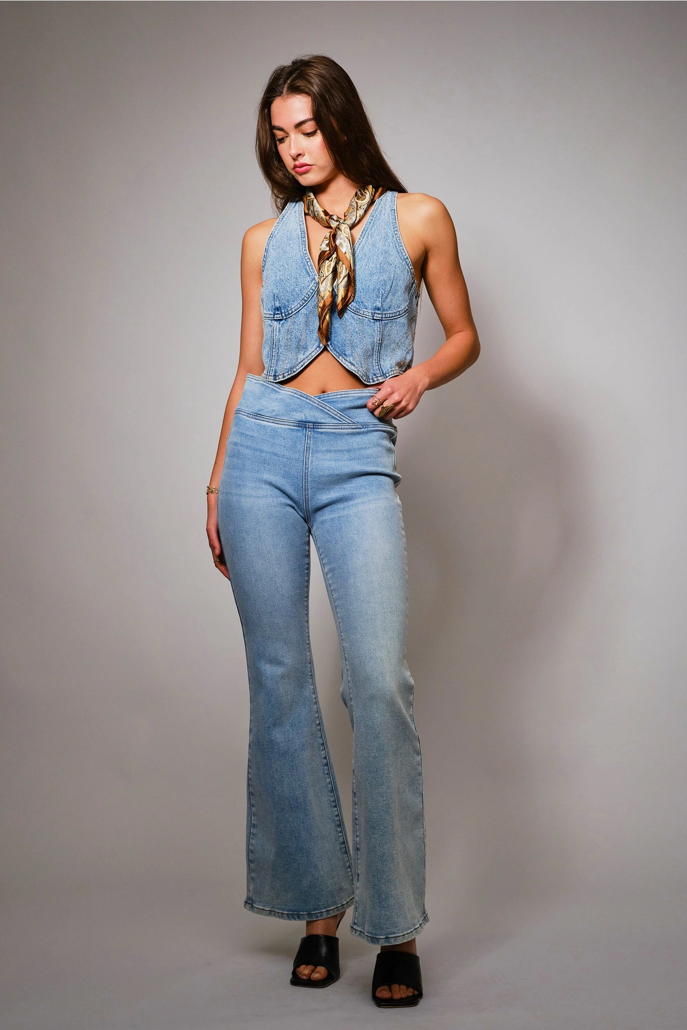 Stephanie Plunge Neck Hook Closure Bustier Crop Denim Top