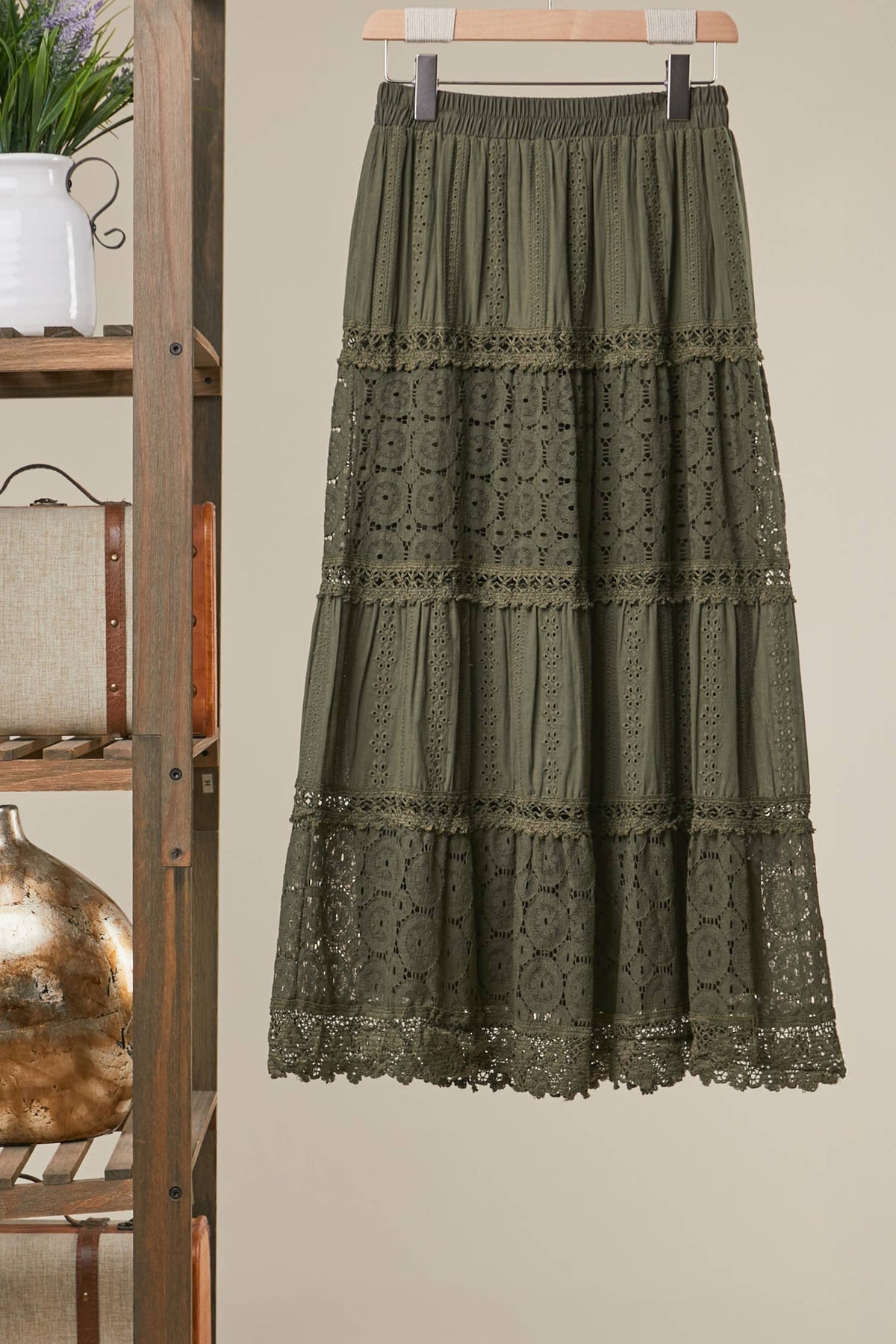 Afton Elastic Waist Maxi Skirt with Lace Trim in Olive