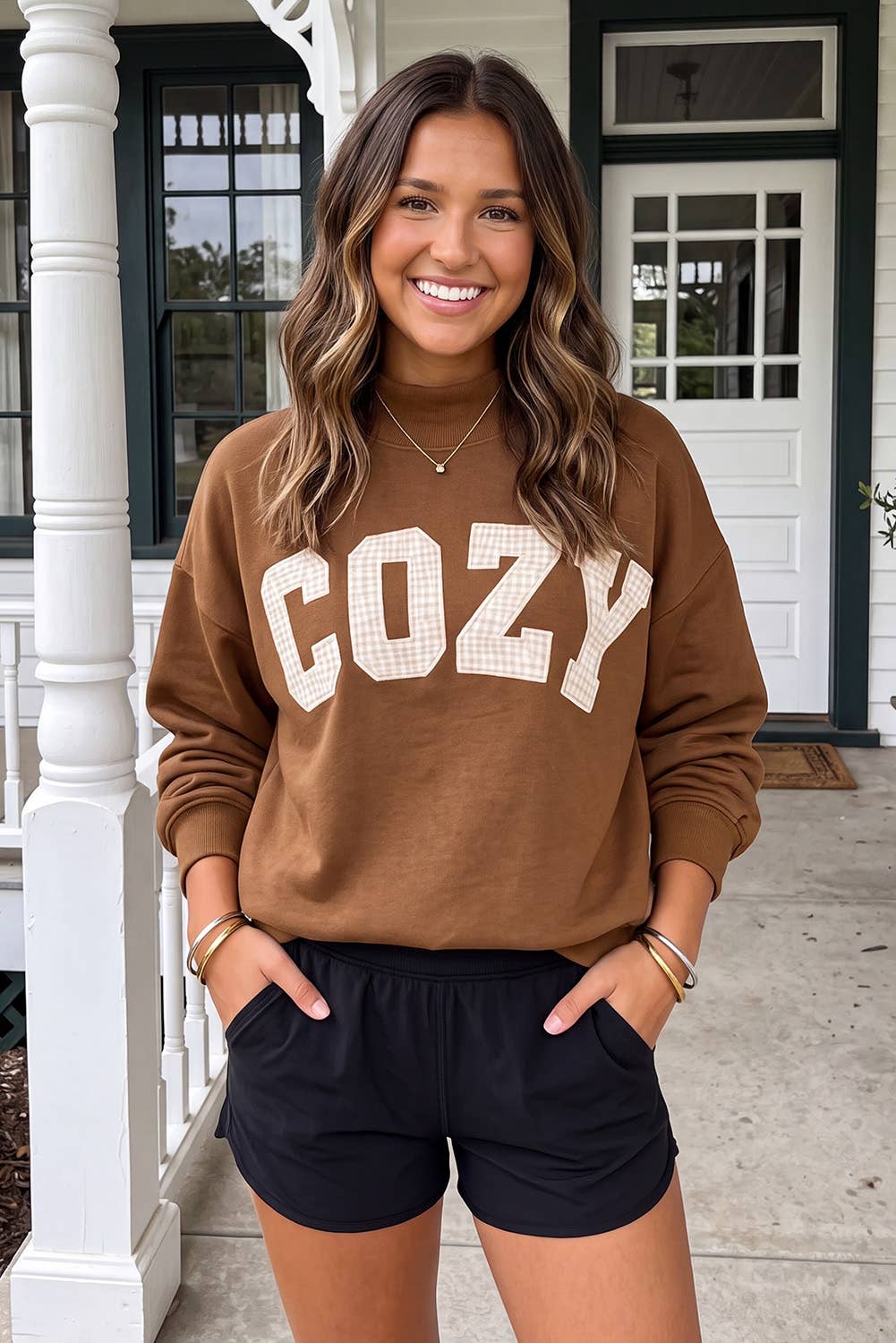 Cozy Plaid Letter Patchwork Mock Neck Sweatshirt