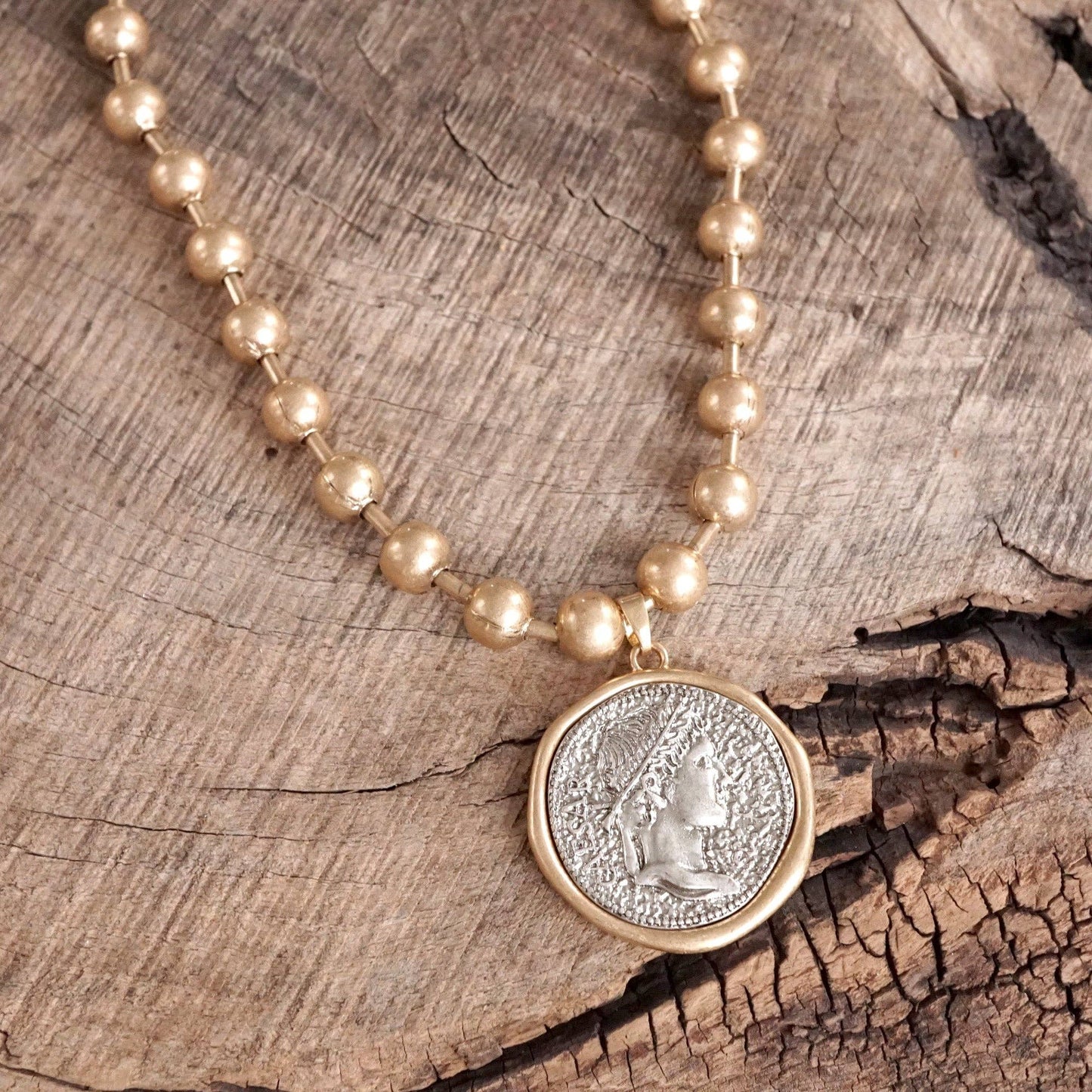 Coin Chunky Ball Chain Statement Necklace in Gold Tones