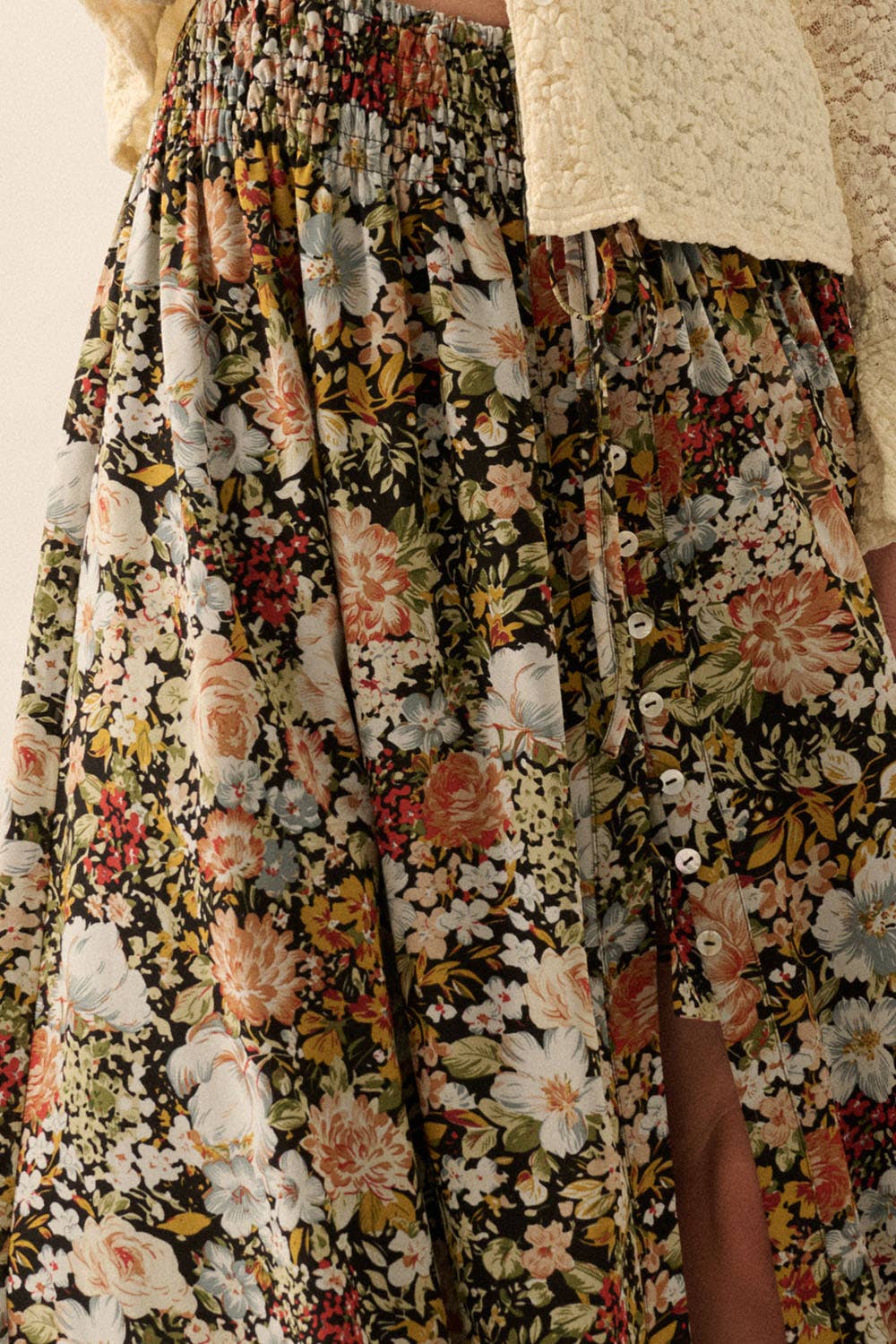Courtney Floral Front Slit Woven Maxi Skirt in Black