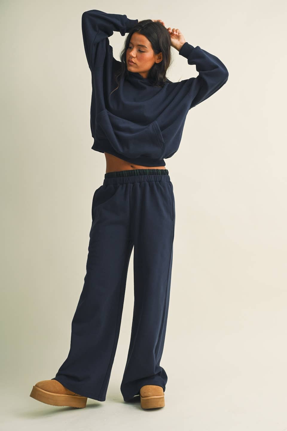 Jessica Plaid Side Stripe Oversized Pullover Hoodie in Navy