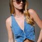 Stephanie Plunge Neck Hook Closure Bustier Crop Denim Top