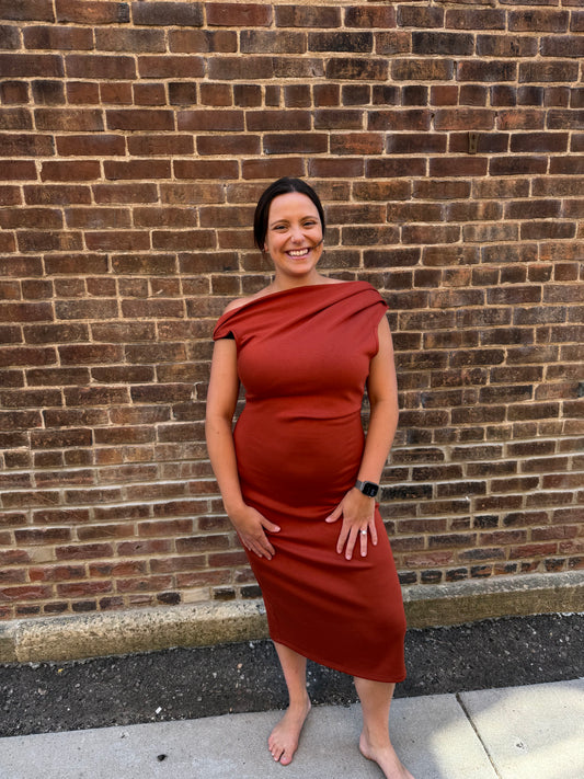 Lauren One Shoulder Midi Dress in Rust