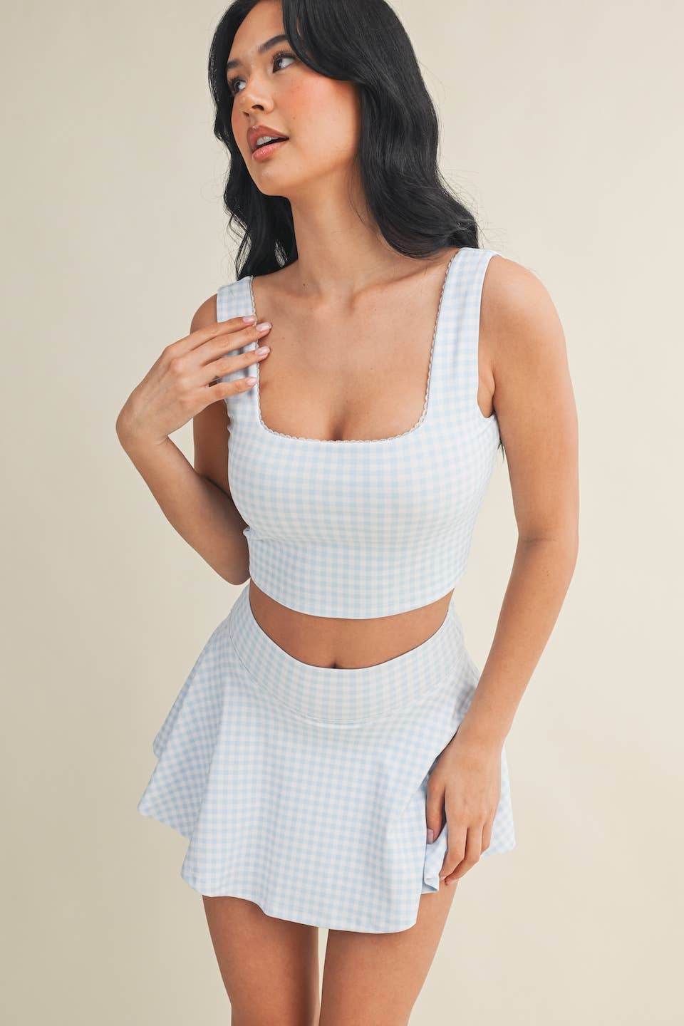 Blue Gingham Print Crop Tank with Lace Trim