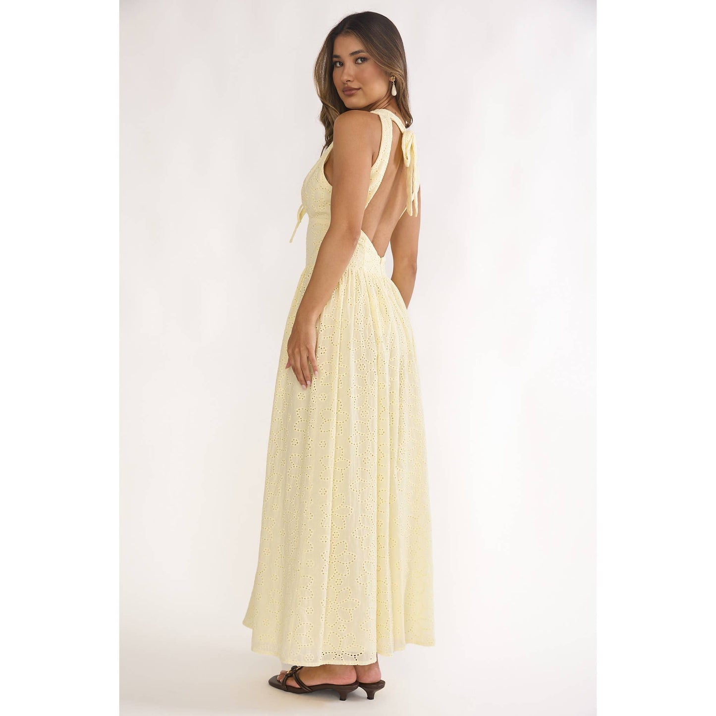 Halee Eyelit Halter Midi Dress in Lemon