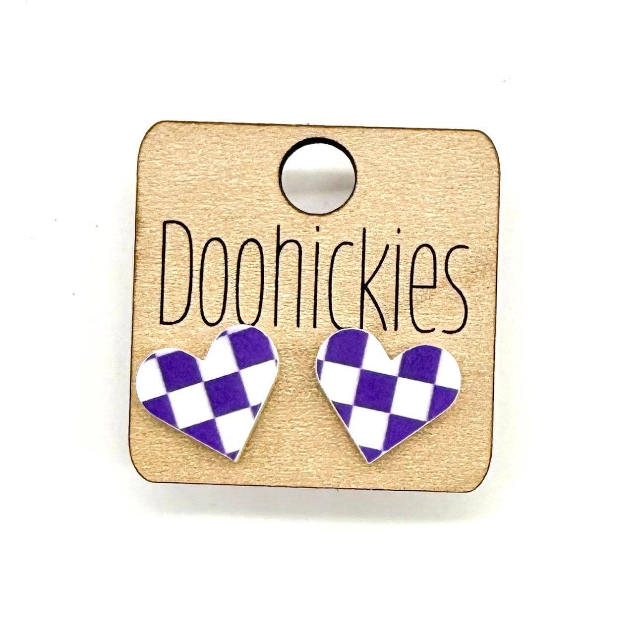 School Spirit Checkered Heart Stud Earrings in Purple